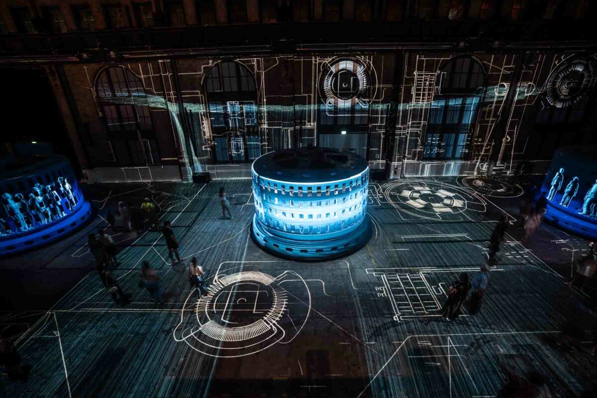 light projections on floor and buildings arial view